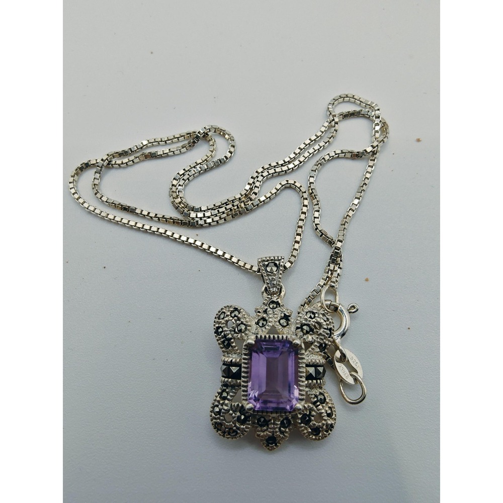 Artisan Art Deco silver large amethyst pendant with chain. Signed.